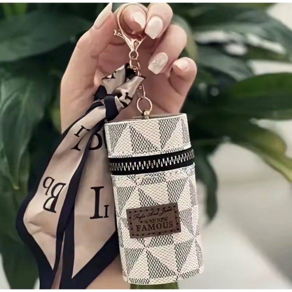 Checkered Cylinder Lipstick Holder Keychain Purse with Scarf Accent ‎ Charm